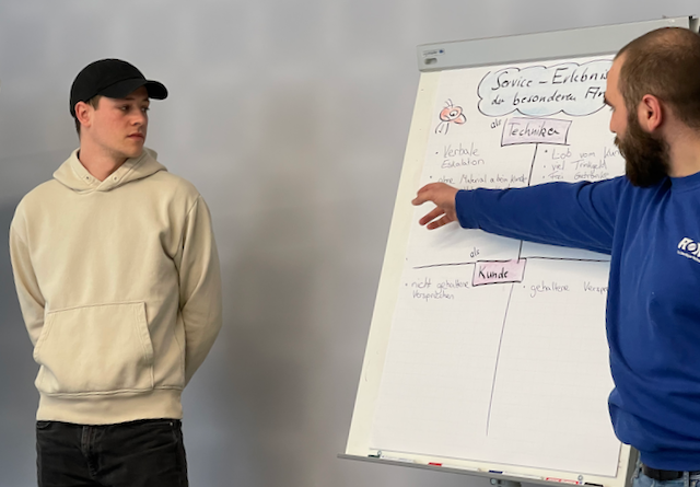 Bernd Grossmann mit Servicetechnikern in einer Trainingssituation am Flipchart